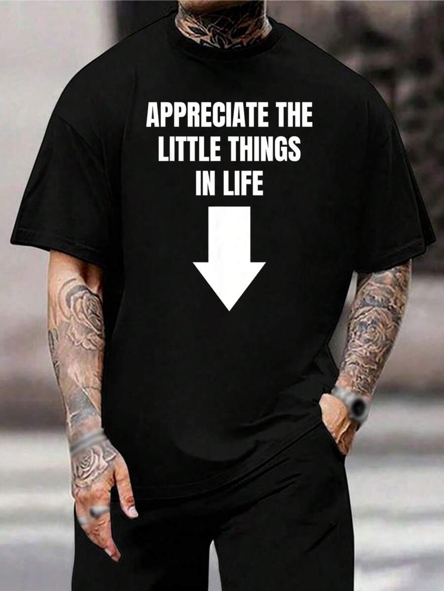 Camiseta gráfica con flecha motivacional "Agradece las pequeñas cosas" - Para hombres, mujeres y adolescentes - Camiseta informal de algodón - Cómoda para el uso diario - Regalo para papá - Negro - Ver 1