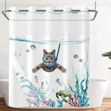 New Fowocu No Hook Shower Curtain  Snap In Liner Funny Cat Nautical Shower Curtains For Bathroom Teal Blue Sea Ocean Octopus Starfish Turtle Anchor Fish Waterproof Fabric Bath Curtain Dr 71*74In - 藍色2 71吋寬 x 74吋長(1包) - 查看 4