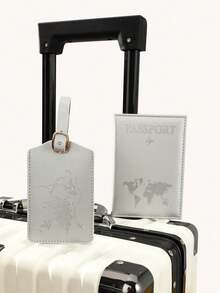 1 Set Outdoor Travel Cross-Border Journey Anti-Lost Map Printed Luggage Tag & Passport Holder, PU Material, Essential Travel Accessory Set - Silver - View 3