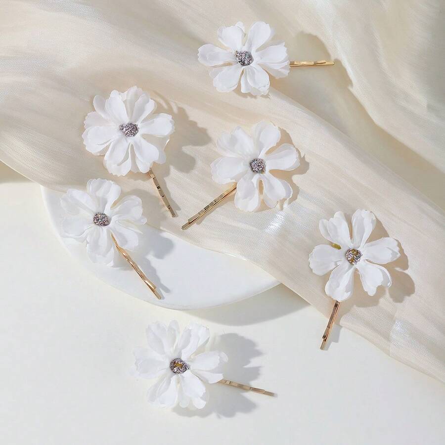 6 件雏菊花夹，仿波西米亚风格 5 厘米发饰，扁平爪夹，发夹，发夹，发夹 - 綠色 - 查看 1