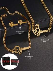 1 peça de colar, pulseira e conjunto de brincos com letras vazadas personalizados faça você mesmo, presente de aniversário, pulseira com pingentes ajustáveis, conjunto de brincos para menino e menina, presente de aniversário de batismo, aço inoxidável, conjunto de joias de aço inoxidável banhado a ouro 18k, incluindo caixa de presente requintada de alta qualidade, família, entes queridos, dia das mães, presentes de feriado - Ouro - Ver 2