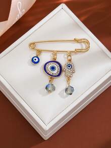 1pc Fashionable Blue Eye Palm Shaped Alloy Pendant Brooch With Crystal Beads, Suitable For Men And Women Daily Wear - Multicolor - View 2