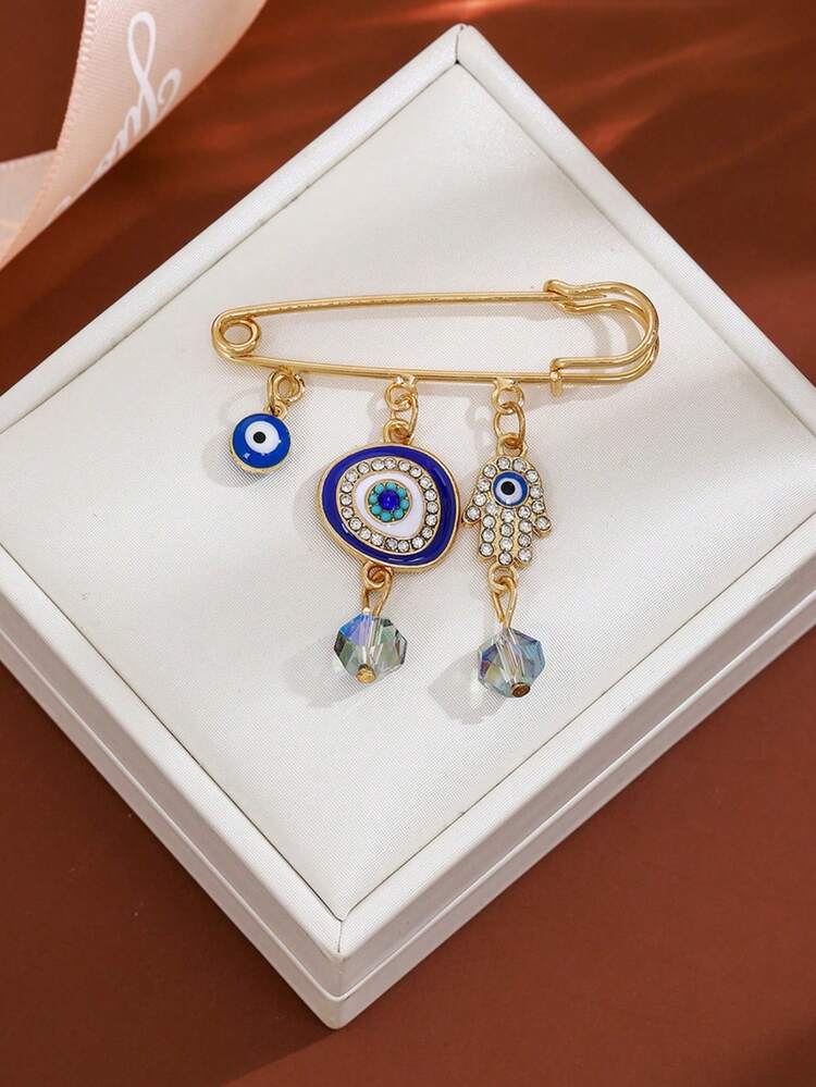 1 件时尚滴油蓝眼装饰合金棕榈吊坠水晶珠胸针，适合男女日常佩戴 - 彩色 - 查看 2