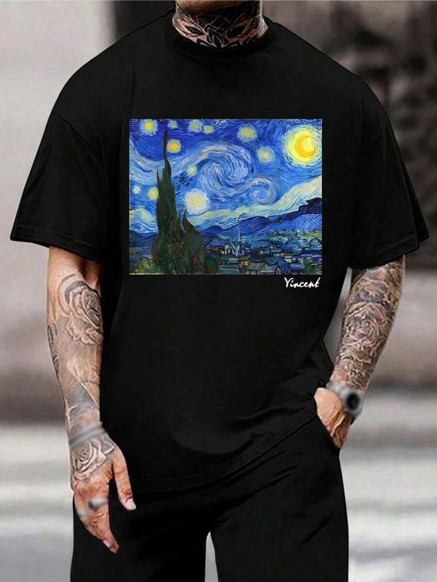 Camiseta de Van Gogh Noche Estrellada | Unisex Camiseta Vintage de Arte | Estampado Clásico de Pintura Prenda Casual | Ropa Estética de Historia del Arte para Hombres y Mujeres - Negro - Ver 1