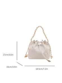 1 件链条抽绳封口面料印花水桶包，带刺绣珍珠装饰，可爱蝴蝶女士派对晚会单肩斜挎口红手拿包，时尚礼物，适合派对和日常使用