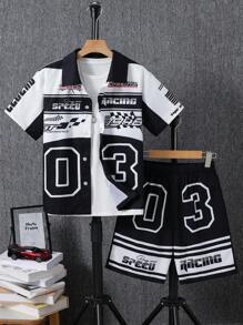 2pcs/Set Pre-Teen Boys Outdoor Chic Street Racing Style Polo Shirt & Shorts Set, Spring/Summer