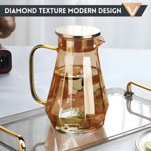 2L Borosilicate Glass Water Pitcher With Gold Stainless Steel Lid & Handle | Diamond-Textured Design | Hot & Cold Beverage Jug For Juice, Milk, Coffee, Tea | Dishwasher Friendly (Amber) - Gold - View 1
