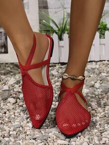 全新女士红色透气网眼后带平底鞋，轻便镂空，舒适透气尖头露跟鞋