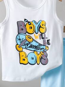 Set de 2 piezas de camiseta de punto con cuello redondo y estampado de letras, y shorts casuales, versátiles y cómodos para niños