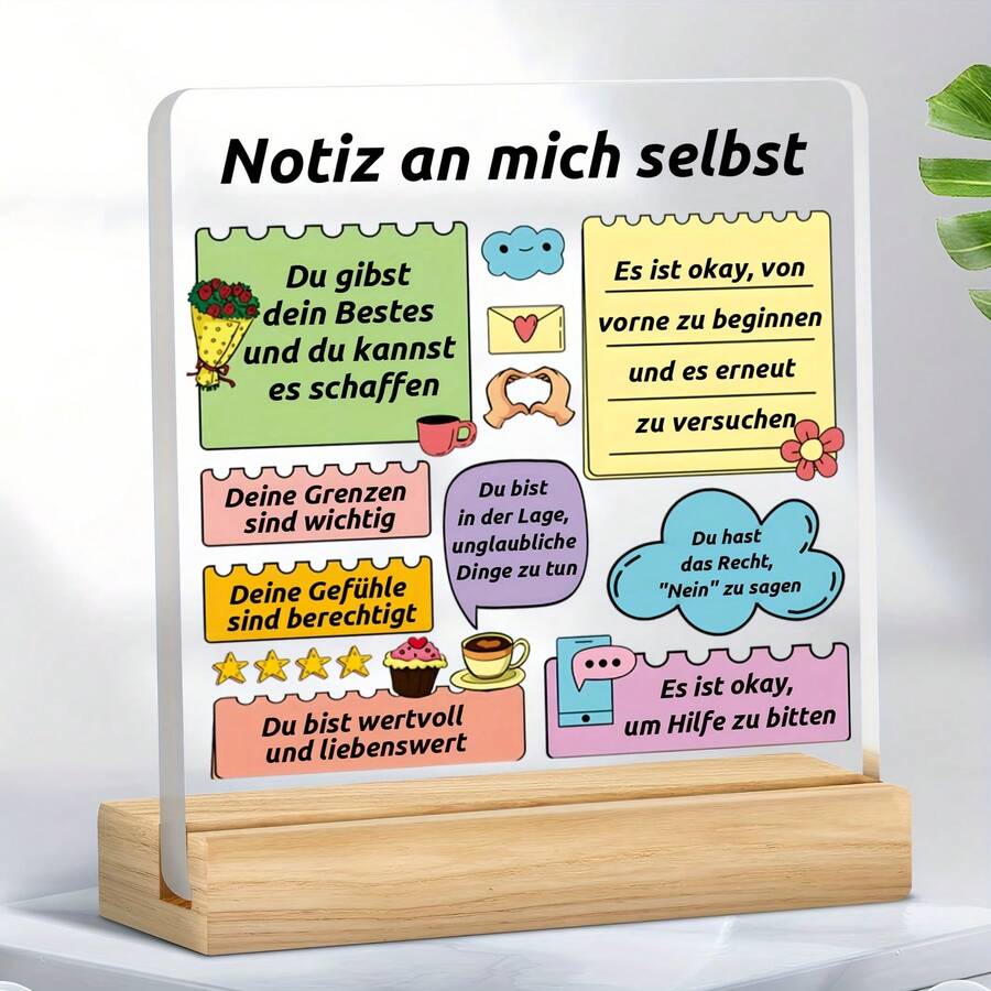 1 件，正能量亚克力和木质便签架，自我鼓励引言装饰标志“自我提醒”，鼓舞人心和治愈性的桌面装饰，心理舒缓礼物，适用于办公室和书房，装饰有 Adora