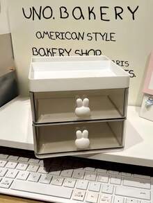 1pc White Makeup Storage Box With Drawers, Divided Compartments, Desktop Organizer For Cosmetics, Skincare, Lipsticks, Brushes, Eyeshadow, Nail Polish, Perfume, Suitable For Computer Desk, Office Desk, Vanity, Bathroom Shelf, Home Decor, Stationery Holder, Bunny Button Makeup Case, Women's Day Gift, Gift For Mom,For Holiday Beach, Bathroom Collection, Bedroom Collection, Large Capacity - White - View 9