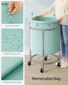 SONGMICS Laundry Basket With Wheels, Rolling Laundry Hamper, Round Laundry Cart With Steel Frame And Removable Bag, 4 Casters And 2 Brakes - 薄荷綠和金屬銀 - 查看 4
