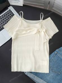 Pure Sexy Off-Shoulder Bowknot Short Sleeve Knit Sweater, Sweet Elegant Slimming Blouse For Women, Summer New Arrival