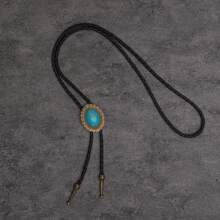 1pc Vintage Bolo Tie Necklace, Natural Blue Turquoise Oval Pattern Design Long Boho Western Cowboy Style Rope Necklace