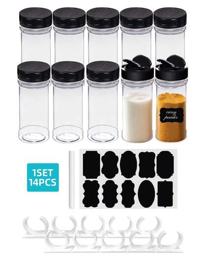 Set de 14 tarros de especias de plástico con tapas de clip, estantes de almacenamiento y kit de etiquetas para el hogar y la cocina, organización de cocina