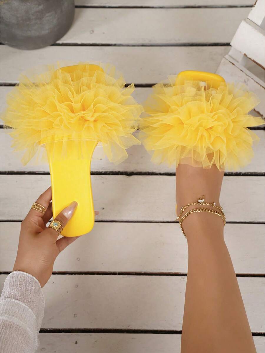 女士户外纯色波西米亚面料贴花荷叶边/荷叶边方头平底拖鞋，舒适适合婚礼、派对、度假、海滩、居家、办公室、春夏季 - 黃色 - 查看 1