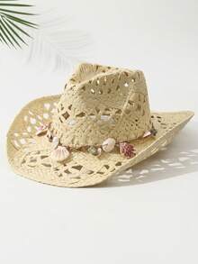 1 件男女通用绿松石装饰牛仔帽镂空印花牛仔帽春夏旅行遮阳沙滩帽休闲太阳帽草帽