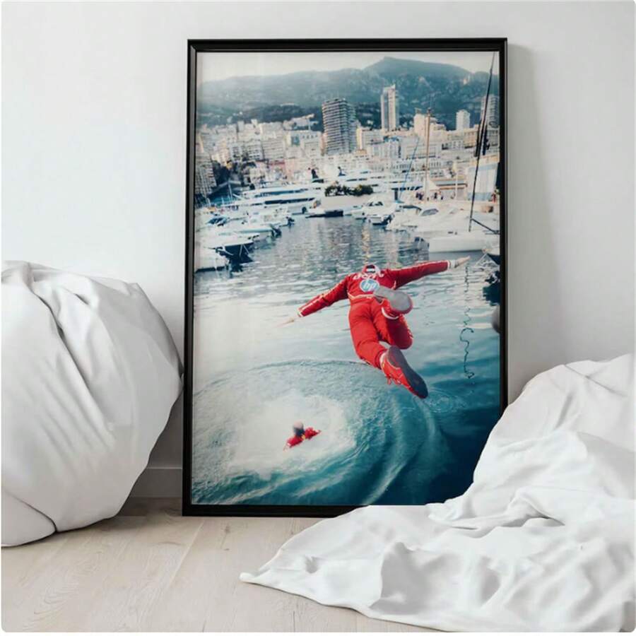 1 件墙画查尔斯·勒克莱尔摩纳哥大奖赛泳池跳跃 F1 海报印刷或帆布墙画 | 标志性装饰 | 赛车胜利飞溅帆布画艺术夏季假期帆布画 - 适合家居装饰爱好者