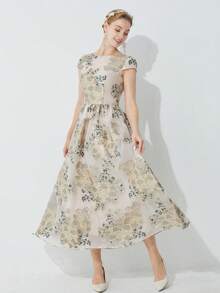 Elegant Women's Ditsy Floral Long Party Dress, Organdy Jacquard Fabric, Spring/Summer, Prom Dress