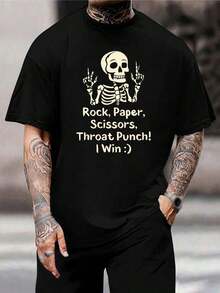 ¡Piedra, papel, tijeras, golpe de garganta, yo gano! Divertida camiseta de Halloween para hombre con estampado de manos de esqueleto, algodón suave, camiseta gráfica informal, negra, de manga corta - Negro - Ver 1