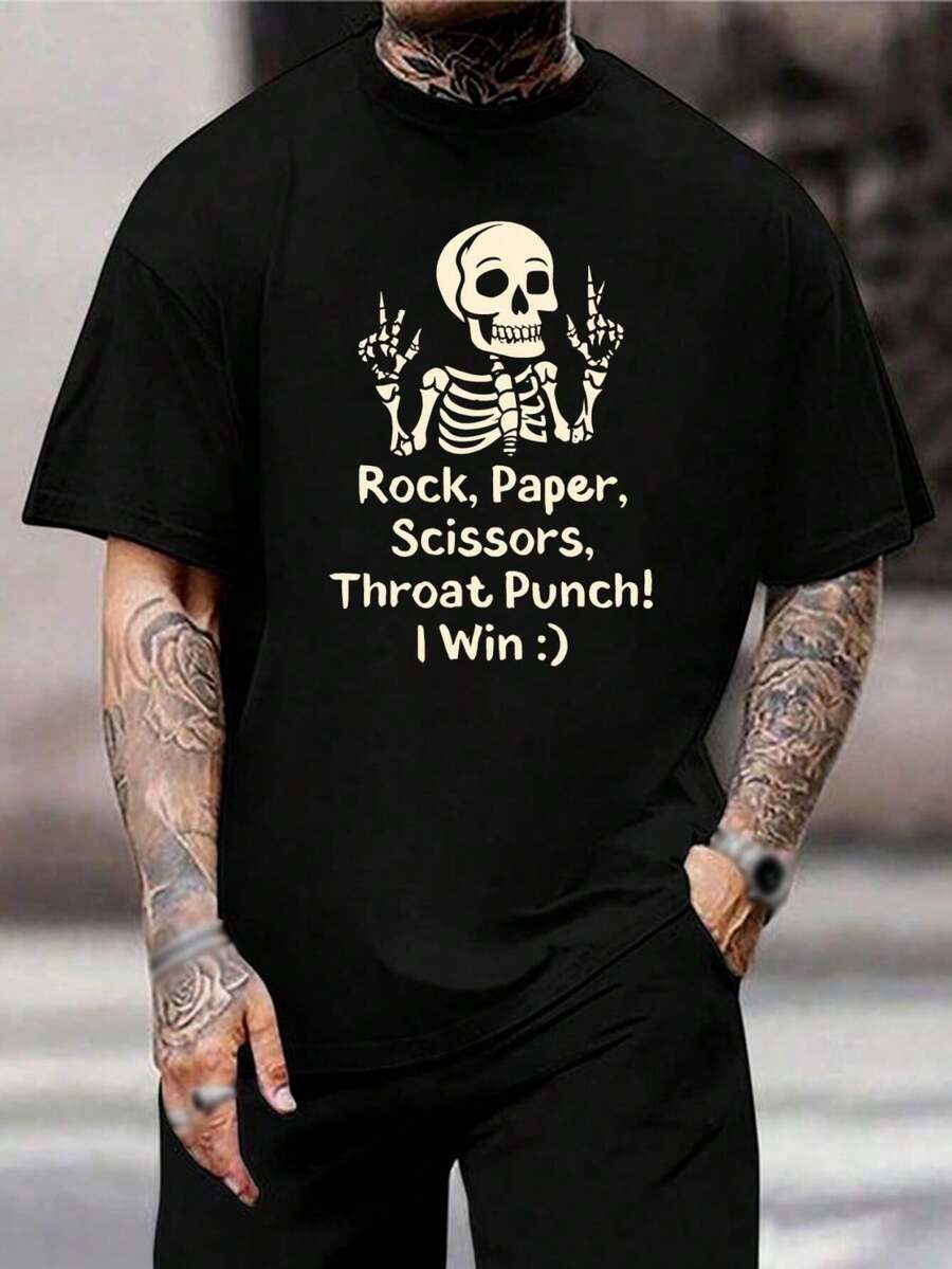 ¡Piedra, papel, tijeras, golpe de garganta, yo gano! Divertida camiseta de Halloween para hombre con estampado de manos de esqueleto, algodón suave, camiseta gráfica informal, negra, de manga corta - Negro - Ver 1