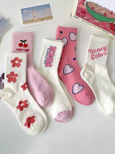 5/10 pares de calcetines casuales de media pantorrilla con estampado de flor, corazón y letra, estilo minimalista, versátiles, aptos para uso diario, combinables con zapatos de lona y tenis