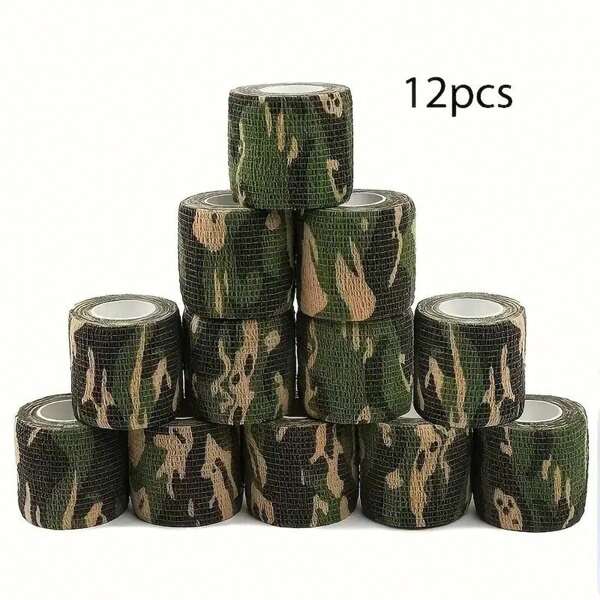 6/12 rollos de cinta adhesiva con camuflaje, venda cohesiva de tela no tejida elástica para armas de fuego, escopeta, cinta de camuflaje