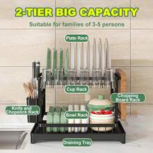 Three-In-One Dish Rack, Chopstick Holder And Chopping Board Rack, Retractable Storage Under The Counter, No Need To Drill Holes, Retractable Draining Storage Rack, Anti-Rust And Anti-Mold Countertop Storage Tool - Lớp kép màu đen - Xem 3