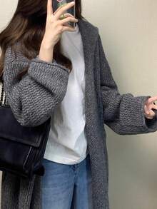 女士休闲连帽开衫，秋冬 - 中灰 - 查看 3