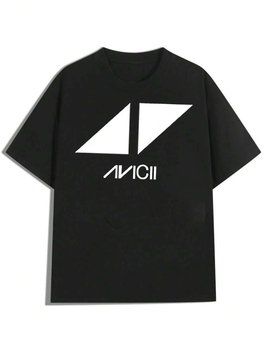 AVICII Logo Design,Casual Print,Comfortable And Versatile,Pure Cotton 220g Printed T-Shirt,Unisex Style - 黑色 - 查看 1