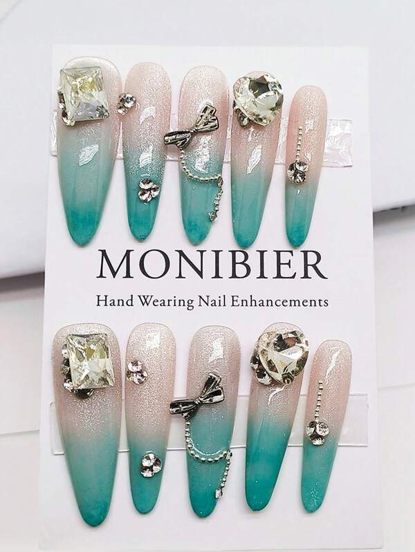 10pcs Long Pointed False Nails, Handmade Gradient Blue-Green Ombre, Cat Eye, Glitter, Mirror Powder, Diamond Nail Art Decorations, Reusable With 1pc Nail Soaking Gel