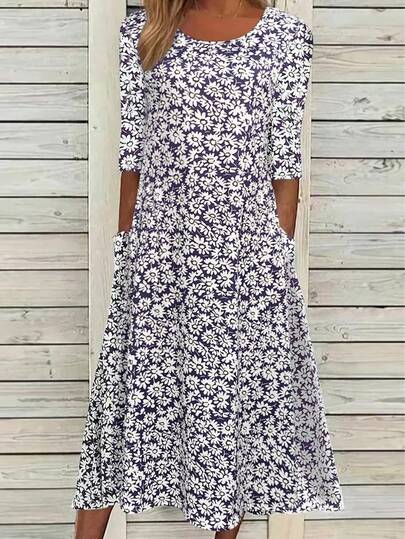 New Fashionable Lightweight Elegant Floral Print Round Neck Mid-Sleeve Dress, Versatile For Casual, Vacation, Home, Travel, Office, Wedding, Party, Beach