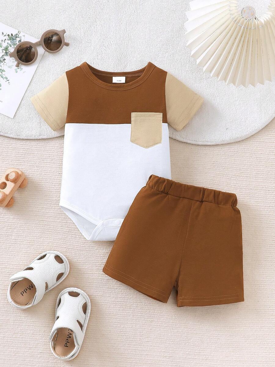 Baby Boy Casual Round Neck Patchwork Bodysuit Set, Summer - Brown - View 1
