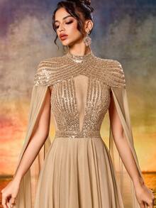Váy dài tay bằng vải tuyn sequin thanh lịch cho những dịp trang trọng, váy dạ hội thanh lịch, cho khách dự tiệc cưới, tốt nghiệp, tiệc tối, váy dự tiệc - Rượu sâm banh - Xem 3