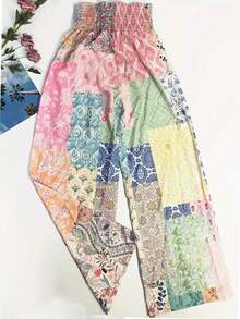 Fashionable Ditsy Floral Plaid Pattern Vacation-Style Pants For Women - Multicolor - View 2