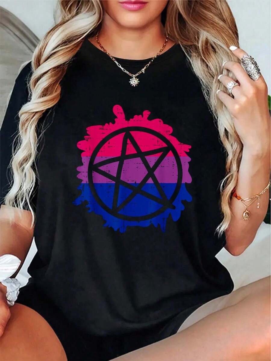 Pentagram Satanic Goth LGBTQ BiFlag Gay Pride Ally Bi T-Shirt -100% Cotton Short Sleeve, Casual, Breathable Summer Outfits For Women,Summer Clothes,Tops - Black - View 1