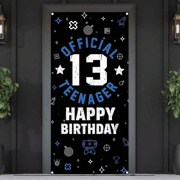 1pc Teenagers 13th Birthday Party Door Banner Background Decoration Polyester Wear Metal Snap Teenagers Game Themed 13th Birthday Party Background Decoration