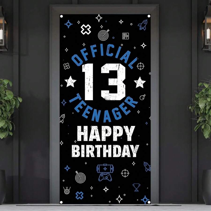 1pc Teenagers 13th Birthday Party Door Banner Background Decoration Polyester Wear Metal Snap Teenagers Game Themed 13th Birthday Party Background Decoration