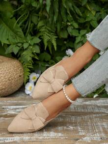 卡其色半包穆勒鞋，尖头女式一脚蹬乐福鞋，蝴蝶结装饰，优雅百搭露背设计平底鞋，适合春夏季 - 卡其色 - 查看 3