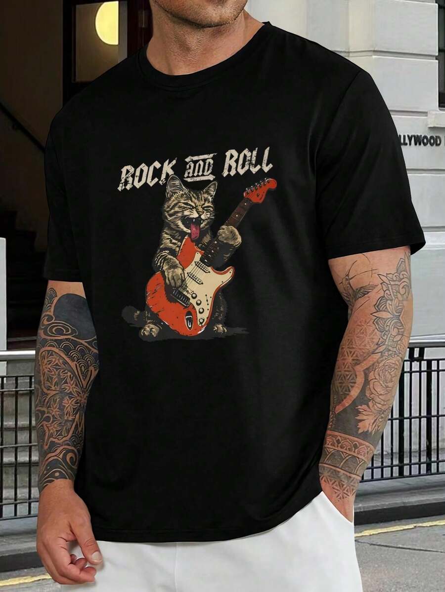 Camiseta vintage de gato rockero para hombre y mujer | Camiseta de gatito con guitarra para amantes de la música | Top informal de algodón | Regalo genial para el marido - Negro - Ver 1