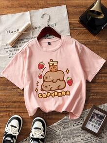 3pcs/Set Tween Girls' Capybara Print Short Sleeve T-Shirts, Suitable For Tween GirlsIn Summer
