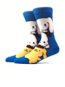 Sanrio 2 Pairs Sanrio Cartoon Anime Character Socks, For Hello Kitty & For Kuromi, 92% Polyester 8% Spandex, 600g/M² Knit Fabric, Comfortable Breathable Elastic, Machine Washable, Perfect For Gifts & Daily Wear