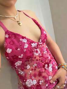 Women Y2k Sequin Halter Cami Tops Summer Deep V Neck Spaghtti Strap Backless Sexy Crop Tank Tops Sheer Mesh Patchwork Slim Fit Shirt Fairy Grunge Going Out Tops E-Girls Vintage Aesthetic Clothes Clubwear - 玫紅色 - 查看 5