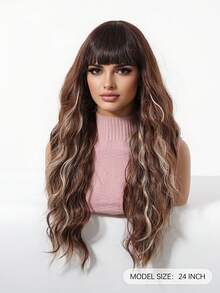 24 Inch Long Wavy Wigs With Bangs Brown Mixed Blonde Wigs For Women Brown Ombre Hair With Blonde Wigs,Heat-Resistant Synthetic Wigs For Daily Party Cosplay Wigs - 彩色 - 查看 5