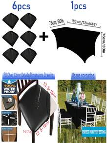 1/2pcs Black High Stretch Tablecloth + 6pcs Chair Cover Set, 4FT/6FT/8FT Polyester & Spandex Material Tablecloth, All-Season Tablecloth Covers, Full-Cover Chair Covers, PU Leather Chair Covers With Tie-Back, Suitable For Home, Indoor, Outdoor, Picnic And Camping, Fits All Holidays And Special Occasions