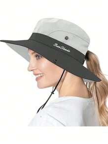 1 pièce Chapeau de soleil à large bord pour femme - Design à queue de cheval, large bord pour ombre solaire, chapeau de seau pliable pour plage et été, idéal pour la pêche, les vacances à la plage, les voyages de femmes et les activités extérieures