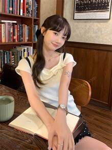 Pure Sexy Off-Shoulder Bowknot Short Sleeve Knit Sweater, Sweet Elegant Slimming Blouse For Women, Summer New Arrival