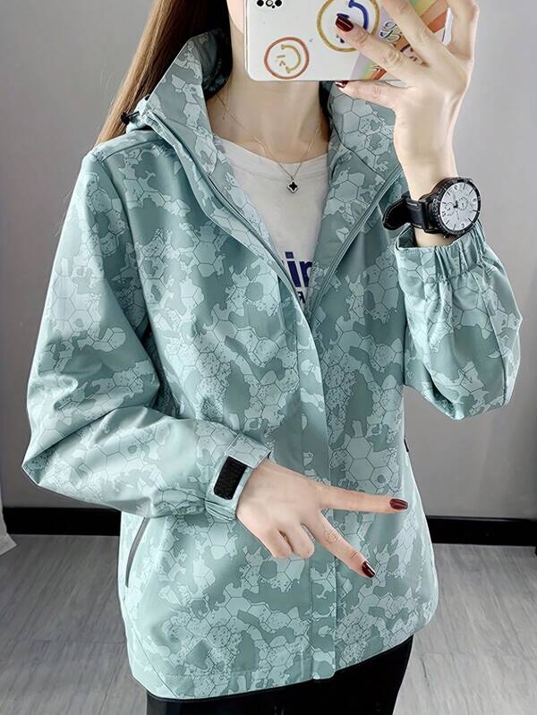 Women's Casual Camouflage Windbreaker Jacket - Lightweight, Wind-Resistant, Long Sleeve, Stand Collar, Front Zipper, Polyester, Suitable For Sports And Outdoor Activities, Casual Outdoor Gear | Camo Jacket | Polyester Jacket