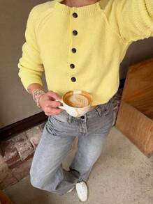 جاكيت كارديجان محبوكة بأكمام راجلان وأزرار، بياقة دائرية، بأكمام طويلة، لون أصفر زبدي، للنساء في الربيع والصيف والخريف، للاستخدام اليومي