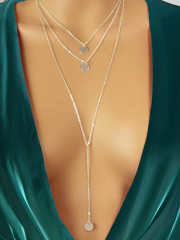 1 Pc Stylish Layered Silver Chain Disc Charm Y Style Long Pendant Necklace Party Prom Night Out Jewelry